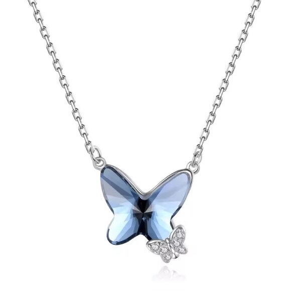 Butterfly Necklace Blue Zircon Stone and Pave Set AAA Cubic Zirconias - Picture 4 of 6
